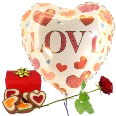 Love balloon + chocolate + rose (Love balloon white with hearts + 140 grams of chocolate hearts + fresh red rose + Bottle of white prosecco)